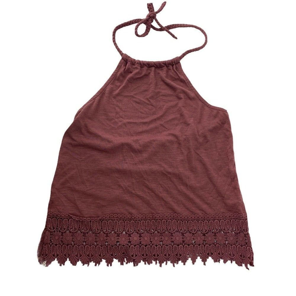 Purple Halter Crop Top Boho Crochet Lace Hem XS